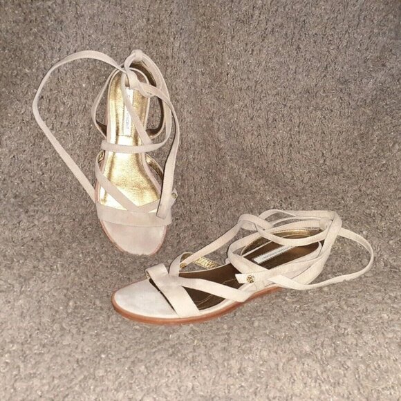 CYNTHIA VINCENT-Patience-Latte Suede-Ties-Mini Wedge Flat Sandals-Sz 8-Excellent - Picture 1 of 5